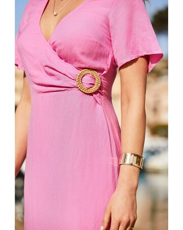 Sosandar Angel Sleeve Wrap Linen Buckle Detail Midi Dress