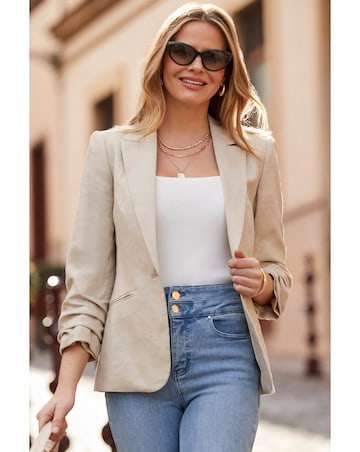 Sosandar 100% Linen Ruched Sleeve Blazer
