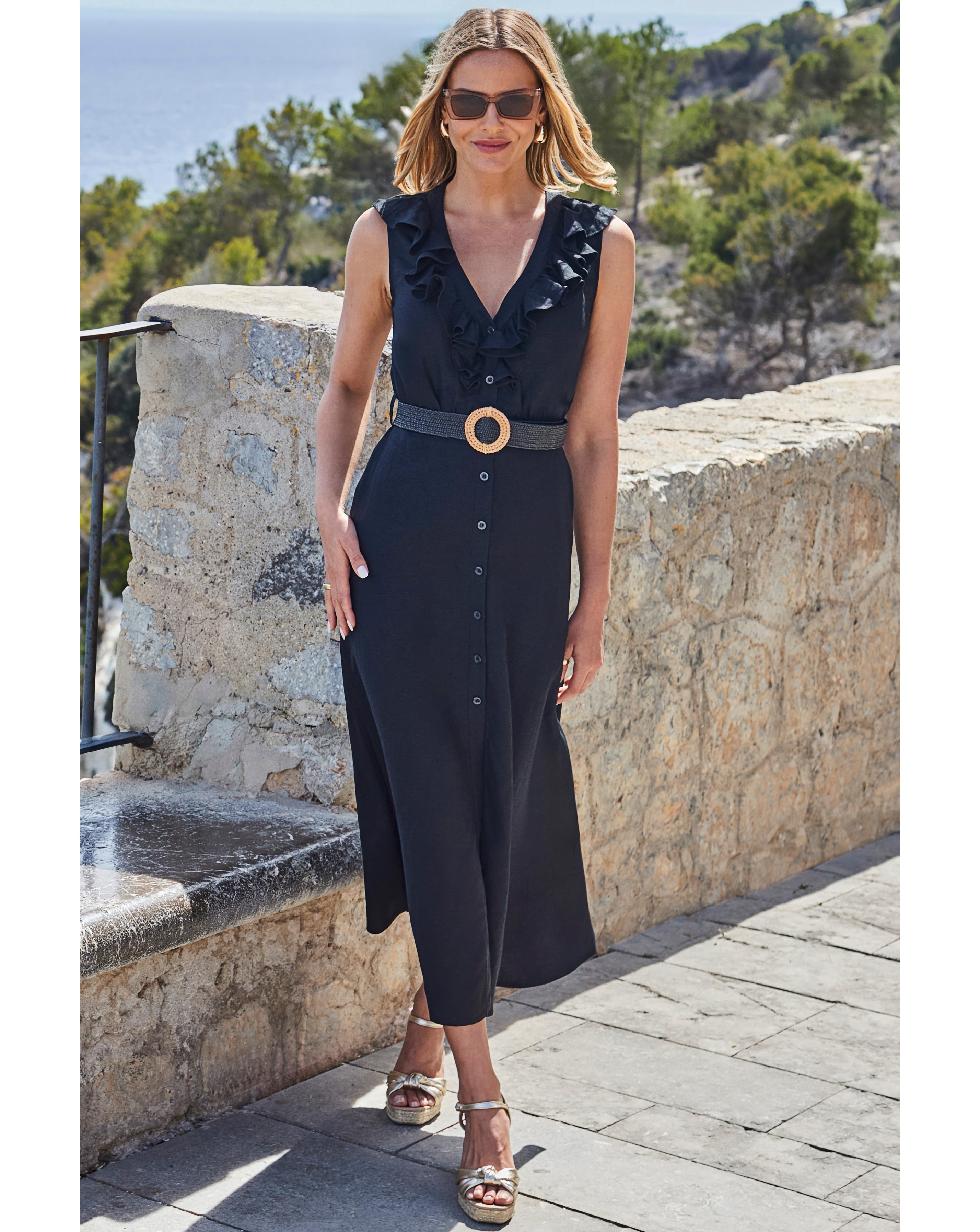 Sosandar Linen Blend Button Dress