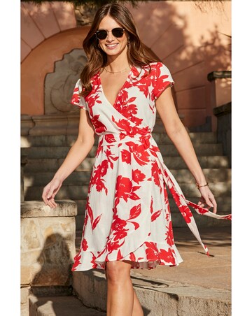 Floral Printed Linen Belted Angel Sleeve Wrap Fit and Flare