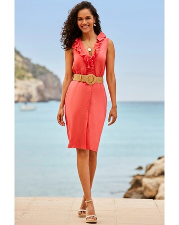 Sosandar Belted Ruffle Front Linen Dress