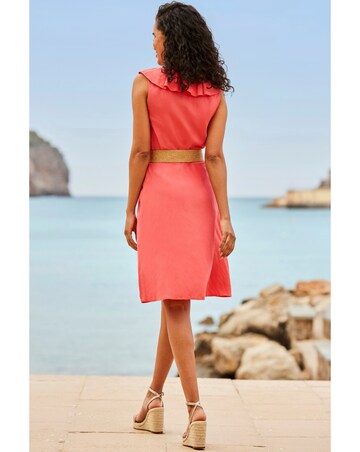 Sosandar Belted Ruffle Front Linen Dress