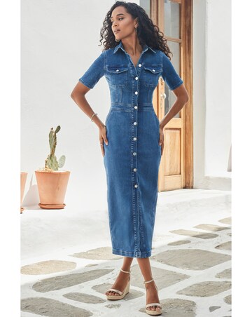 Sosandar Short Sleeve Button Front Denim Midaxi Dress