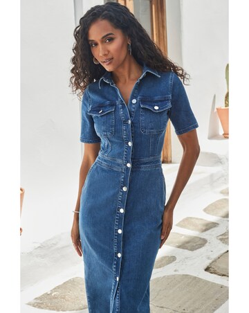 Sosandar Short Sleeve Button Front Denim Midaxi Dress