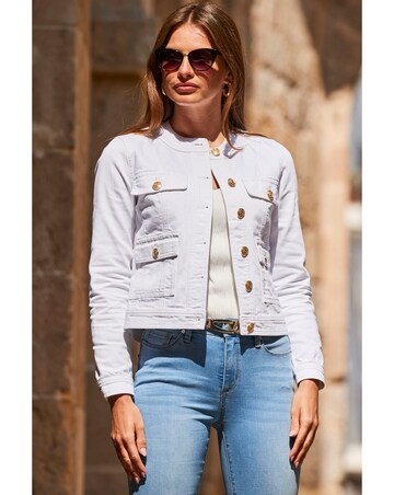 Sosandar White Round Neck Pocket Front Denim Jacket