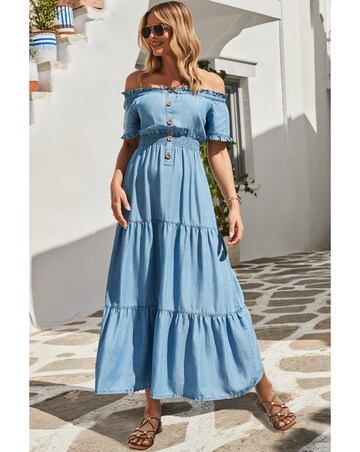 Sosandar Denim Shirred Waist Bardot Fit and Flare Maxi Dress