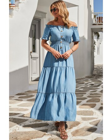 Sosandar Denim Shirred Waist Bardot Fit and Flare Maxi Dress