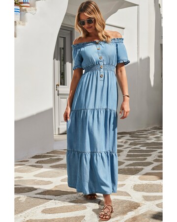 Sosandar Denim Shirred Waist Bardot Fit and Flare Maxi Dress