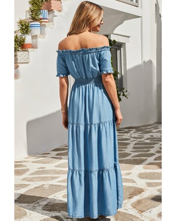 Sosandar Denim Shirred Waist Bardot Fit and Flare Maxi Dress