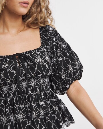 Lovedrobe Broderie Puff Sleeve Square Neck Elasticated Waist Peplum Top