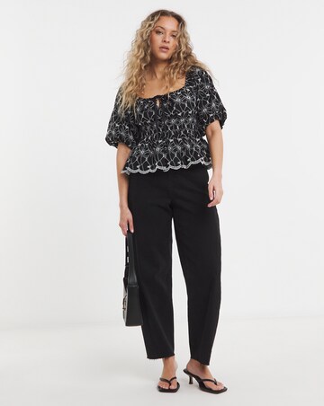 Lovedrobe Broderie Puff Sleeve Square Neck Elasticated Waist Peplum Top