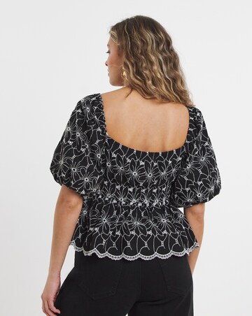 Lovedrobe Broderie Puff Sleeve Square Neck Elasticated Waist Peplum Top