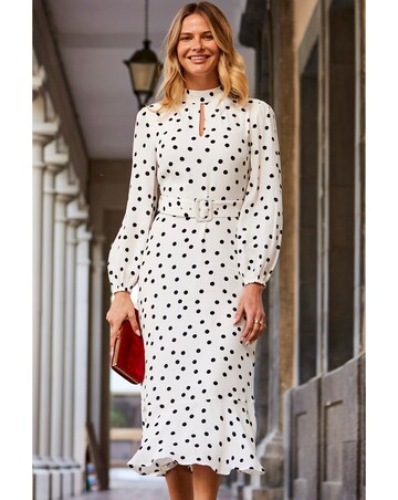 Sosandar Ivory and Black Spot Print Keyhole Detail Belted Fit and Flare Dress