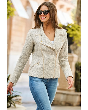 Sosandar Natural Boucle Biker Jacket with Gold Zip Detail