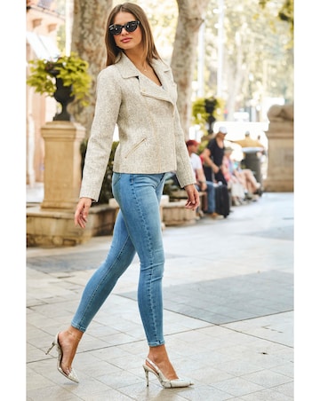 Sosandar Natural Boucle Biker Jacket with Gold Zip Detail