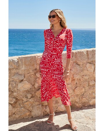 Sosandar Red Spot Print Twost Front Ruched Sleeve Fit and Flare Dress