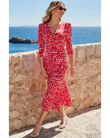 Sosandar Red Spot Print Twost Front Ruched Sleeve Fit and Flare Dress